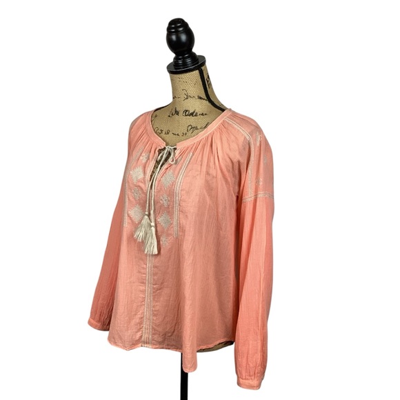 Ann Taylor Loft Embroidered Tie Blouse Orange BOHO Peasant Cottage Core Hippy - Picture 2 of 13